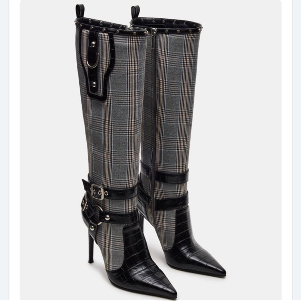 Steve Madden Endgame Plaid Knee-High Boots with Black Moto Accents